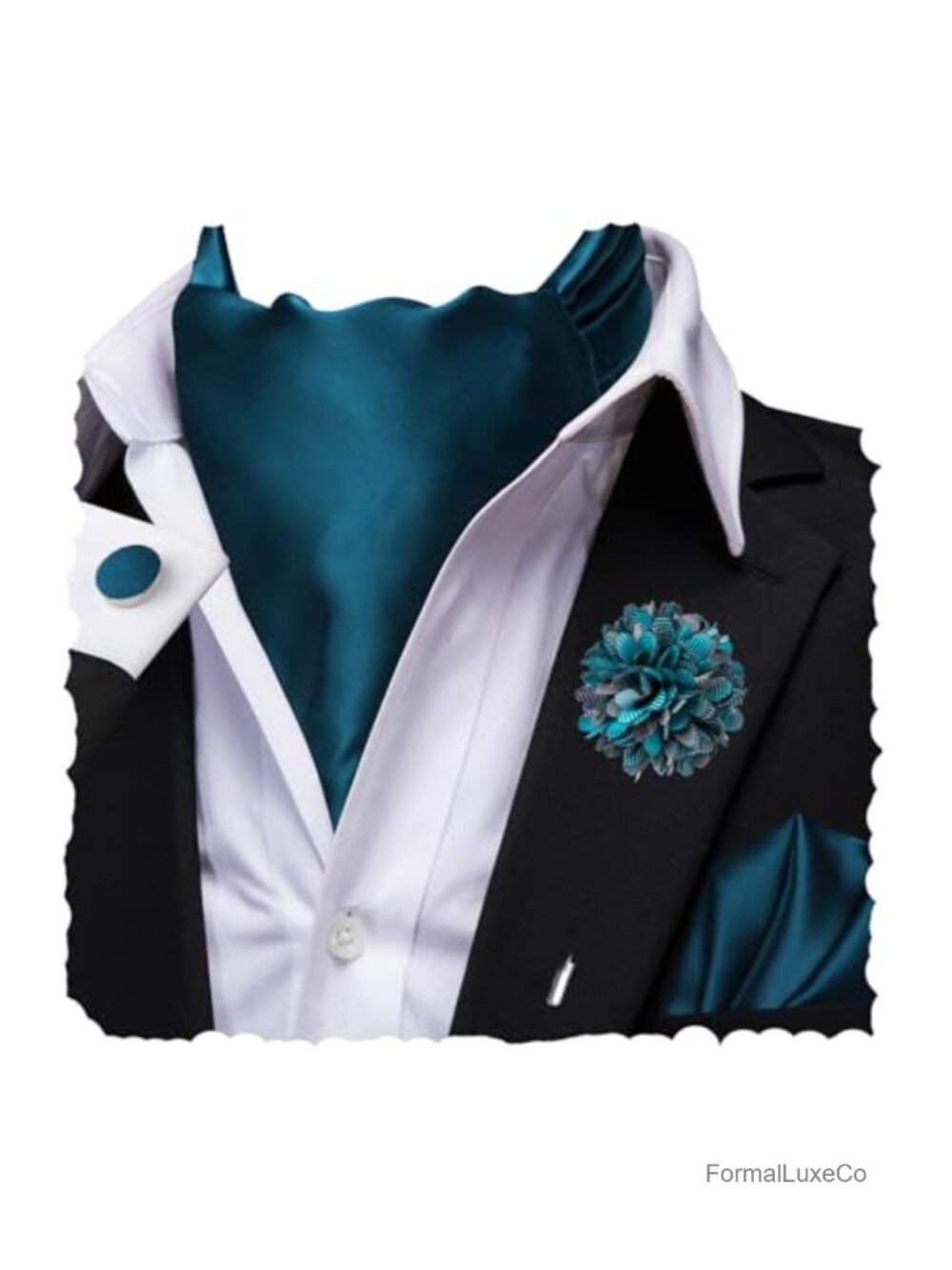 Men's Silk Ascot Tie Set with Pocket Square, Cufflinks, Lapel Pin for Wedding
